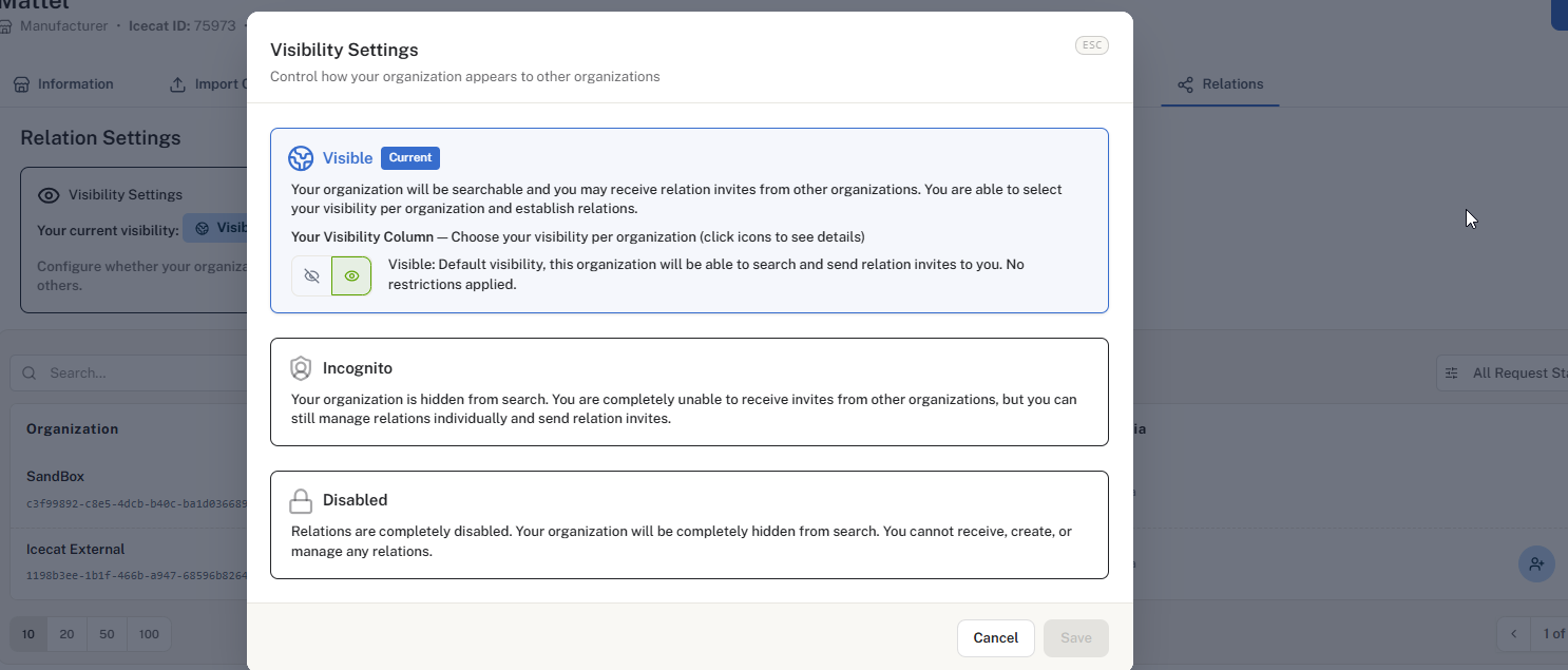Organization can set up its visibility