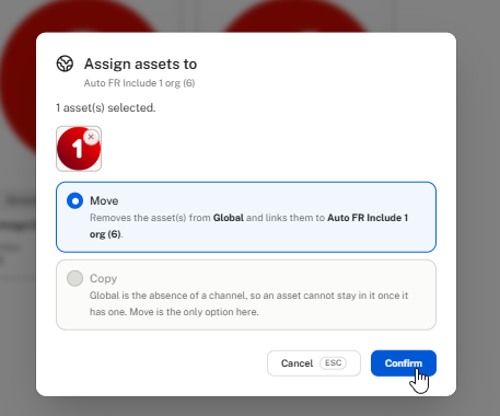 Select "Move" or "Copy" asset to a channel